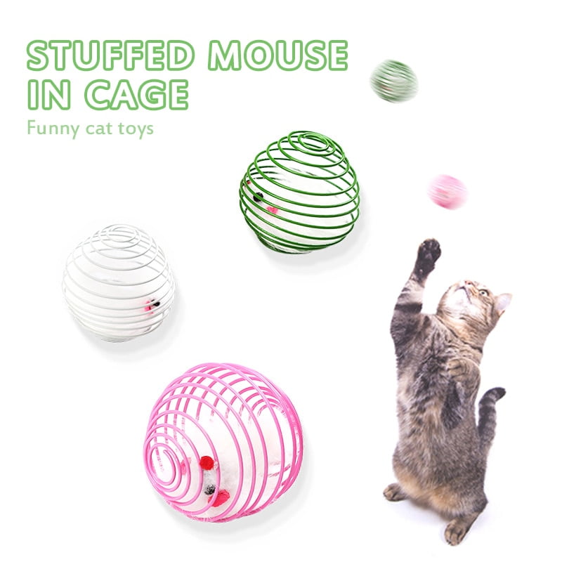 Cat Toy Pet Rainbow Ball Spring Prison Cage Mouse Telescopic Wire Interactive Stick Bell Feather Play Toy Dog Color Pet Supplies - Image 5