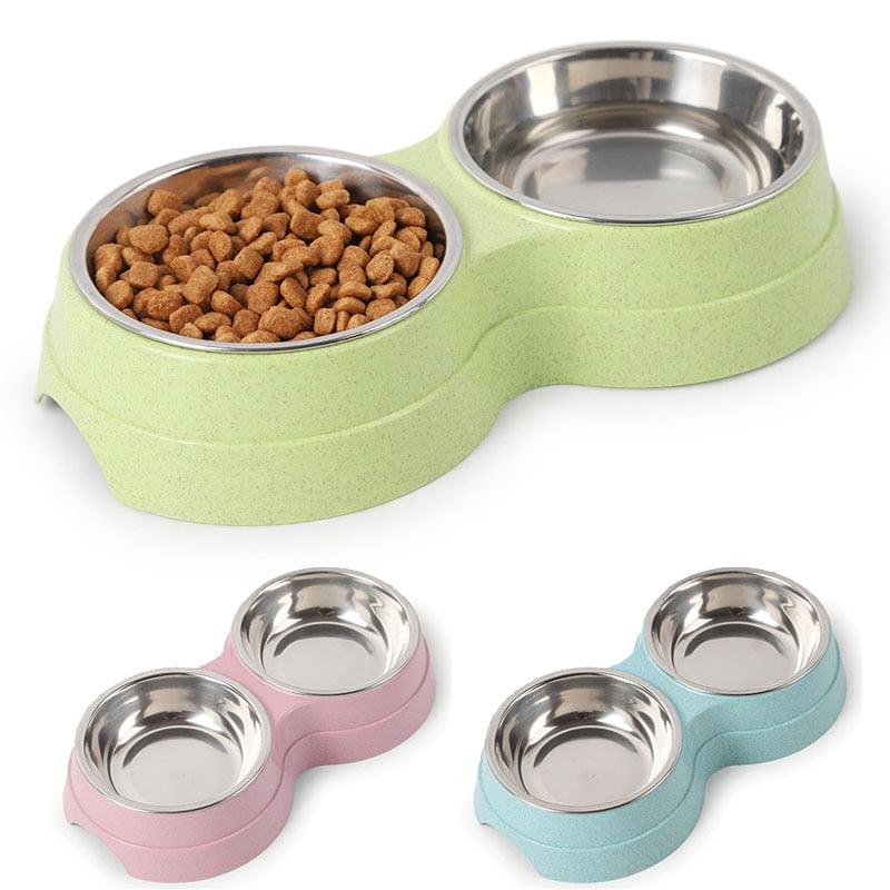 Double Pet Bowls Dog Food Water Feeder Stainless Steel...