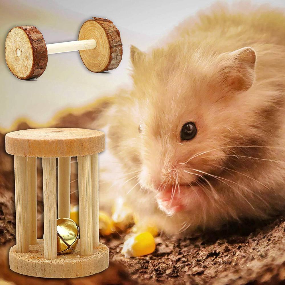 Hamster Chew Toy 10 Packs Of Natural Wooden Pine Guinea Pig Chinchilla Exercise Toy Accessories Dumbbell Sports Bell Set - Image 4