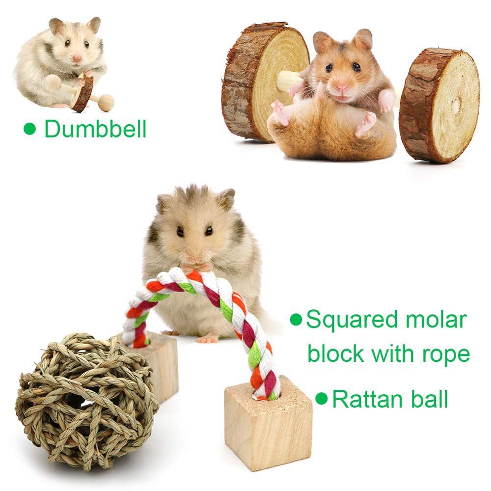 Hamster Chew Toy 10 Packs Of Natural Wooden Pine Guinea Pig Chinchilla Exercise Toy Accessories Dumbbell Sports Bell Set - Image 6