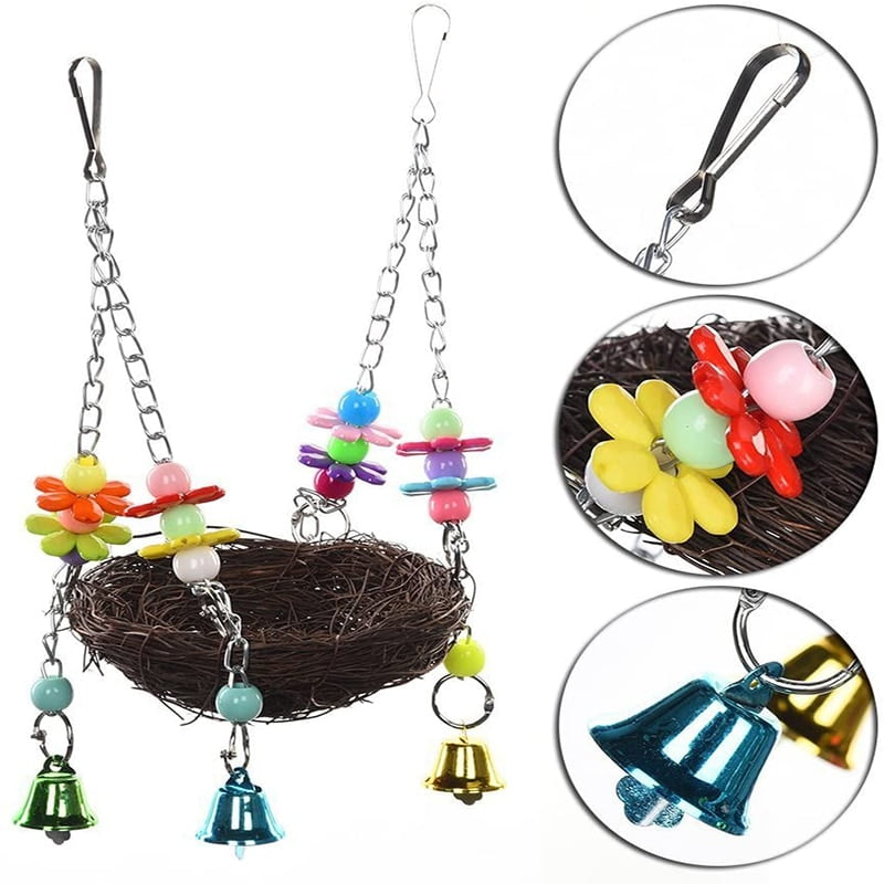 Natural Rattan Nest Bed Large Bird Swing with Bells for Parrot,Parakeet Cockatiel Lovebird Cockatoo Macaw Toy - Image 2