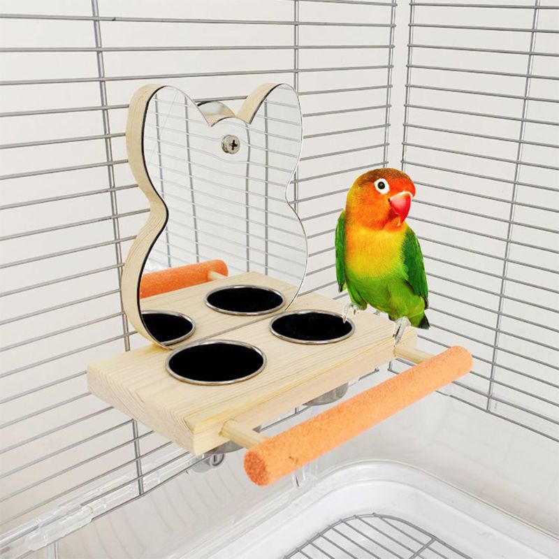 Parrots Mirror Play Stand Birds Wooden Toys Perch Playgym with Feeder Cups Bowls 11UA - Image 2