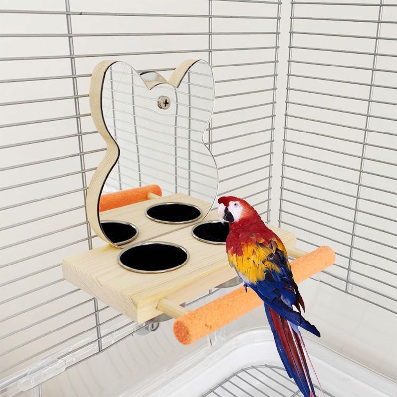 Parrots Mirror Play Stand Birds Wooden Toys Perch Playgym...